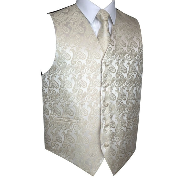 BEST TUXEDO Men's Formal, Prom, Wedding, Homecoming, Tuxedo Vest, Tie & Hankie Set in Champagne Paisley - XS