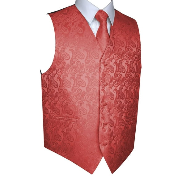 BEST TUXEDO Men's Formal, Prom, Wedding, Homecoming, Tuxedo Vest, Tie & Hankie Set in Coral Paisley - M