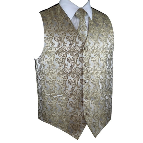 BEST TUXEDO Men's Formal, Prom, Wedding, Homecoming, Tuxedo Vest, Tie & Hankie Set in Latte Paisley - 6XL