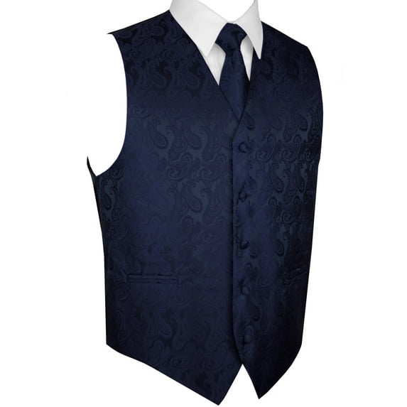 BEST TUXEDO Men's Formal, Prom, Wedding, Homecoming, Tuxedo Vest, Tie & Hankie Set in Navy Blue Paisley - 2XL