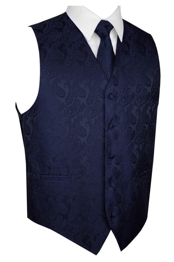 Men's Formal, Prom, Wedding, Homecoming, Tuxedo Vest, Tie & Hankie Set in Navy Blue Paisley - 3XL