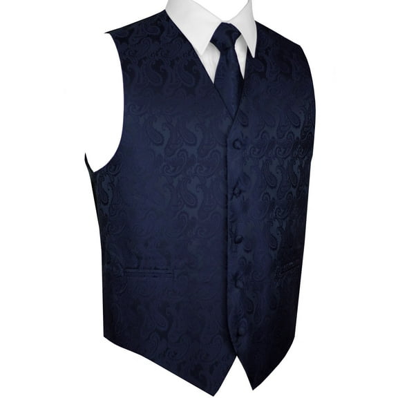 BEST TUXEDO Men's Formal, Prom, Wedding, Homecoming, Tuxedo Vest, Tie & Hankie Set in Navy Blue Paisley - 5XL