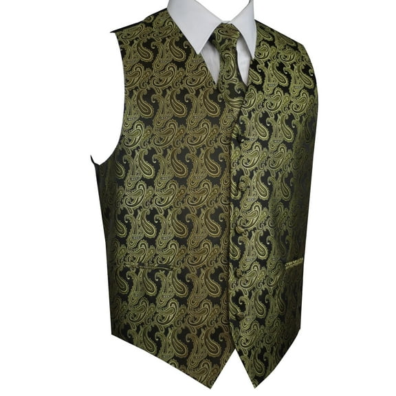BEST TUXEDO Men's Formal, Prom, Wedding, Homecoming, Tuxedo Vest, Tie & Hankie Set in Olive Paisley - 3XL
