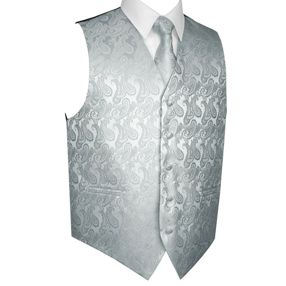 BEST TUXEDO Men's Formal, Prom, Wedding, Homecoming, Tuxedo Vest, Tie & Hankie Set in Silver Paisley - XL