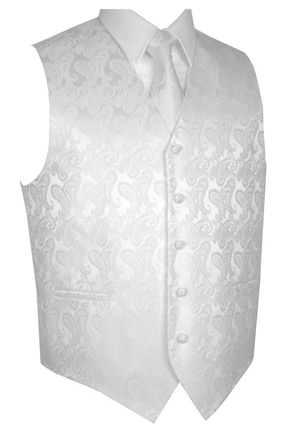 Men's Formal, Prom, Wedding, Homecoming, Tuxedo Vest, Tie & Hankie Set in White Paisley - M