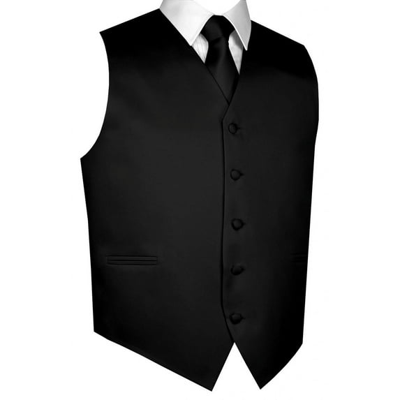 BEST TUXEDO Men's Formal, Prom, Wedding, Homecoming, Tuxedo Vest, Tie & Hankie Set in Black Solid Satin - 3XL