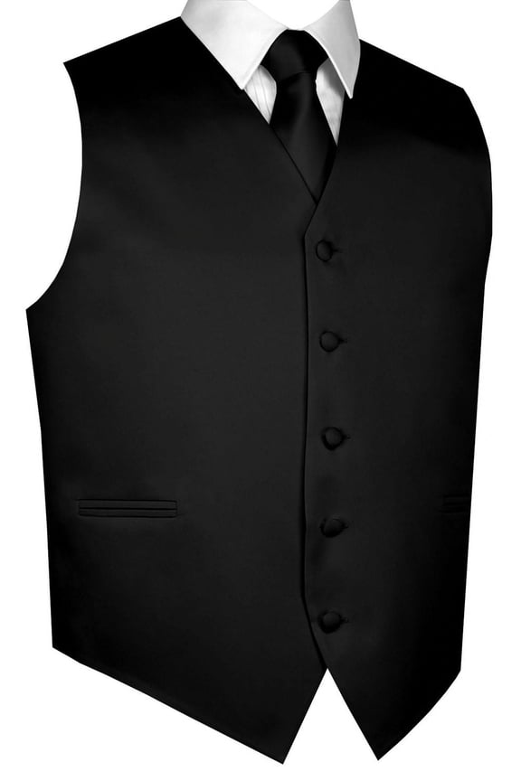 Men's Formal, Prom, Wedding, Homecoming, Tuxedo Vest, Tie & Hankie Set in Black Solid Satin - XL
