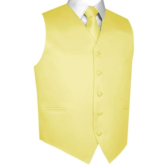 BEST TUXEDO Men's Formal, Prom, Wedding, Homecoming, Tuxedo Vest, Tie & Hankie Set in Canary Solid Satin - XS