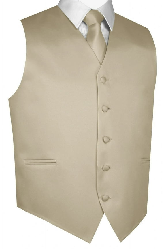 Men's Solid Satin Formal, Tuxedo, Wedding, Prom, Cruise Vest, Tie & Hankie Set in Champagne