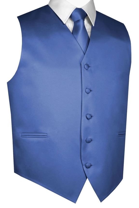 Men's Formal, Prom, Wedding, Homecoming, Tuxedo Vest, Tie & Hankie Set in CORNFLOWER Solid Satin - L
