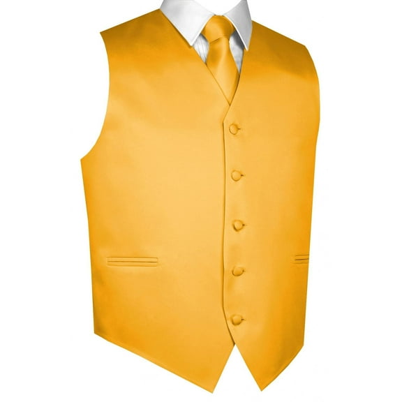 BEST TUXEDO Men's Formal, Prom, Wedding, Homecoming, Tuxedo Vest, Tie & Hankie Set in Gold Solid Satin - M