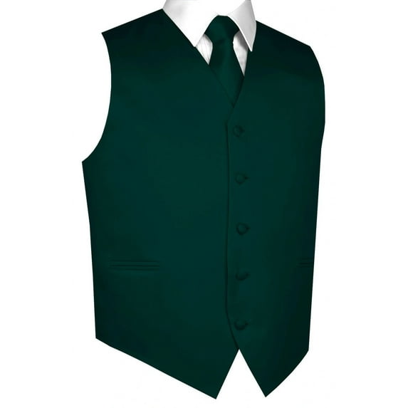 BEST TUXEDO Men's Formal, Prom, Wedding, Homecoming, Tuxedo Vest, Tie & Hankie Set in Hunter Green Solid Satin - 4XL