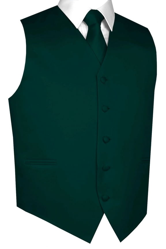 Men's Formal, Prom, Wedding, Homecoming, Tuxedo Vest, Tie & Hankie Set in Hunter Green Solid Satin - L