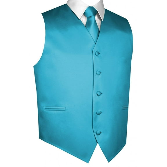 BEST TUXEDO Men's Formal, Prom, Wedding, Homecoming, Tuxedo Vest, Tie & Hankie Set in Turquoise Solid Satin - L