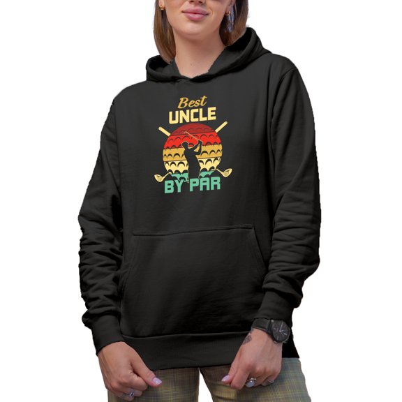 Best Uncle by Par Pun Quote with Ball, Clubs & Swinging Golf Player, Golfing or Golfer Themed Merch Gift, Black Hooded Sweatshirt or Hoodie, Medium