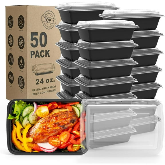 Best Value 50 Pack 24oz Extra Thick Meal Prep Containers with Lids, BPA Free Stackable Plastic Bento Lunch Boxes, Disposable & Reusable, Microwave Dishwasher Freezer Safe