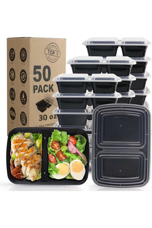 Best Value 50 Pack 30OZ 2 Compartment Meal Prep Containers with Lids, Leakproof Stackable Disposable Takeout Food Boxes, Microwave Freezer Dishwasher Safe & Food Safe