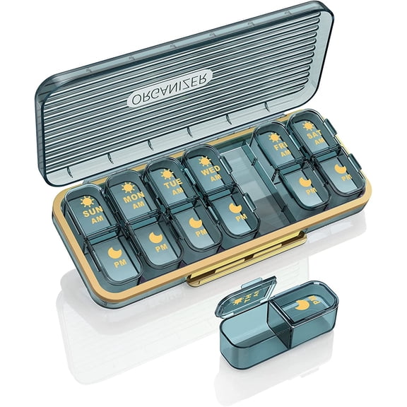 Best Value Stylish Blue AM PM Weekly Pill Organizer, 7 Day Twice Daily Portable Medicine Box for Vitamins, Fish Oils & Supplements