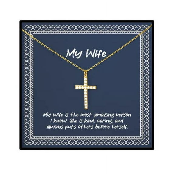 Best Wife Gifts, My Wife is The Most Amazing Person I Know. She is Kind, Birthday Crystal Gold Cross Necklace for Wife, Funny Wife Gift, Gift for Wife, Funny Crystal Gold Cross Necklace