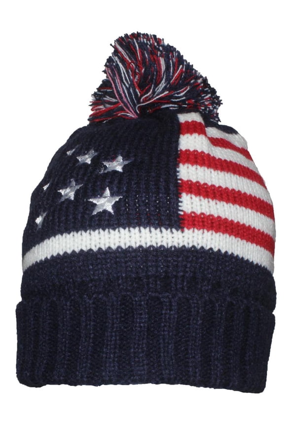 Adult American/Americana Flag Cuffed Knit Beanie W/Pom Pom (One Size) - Navy/White