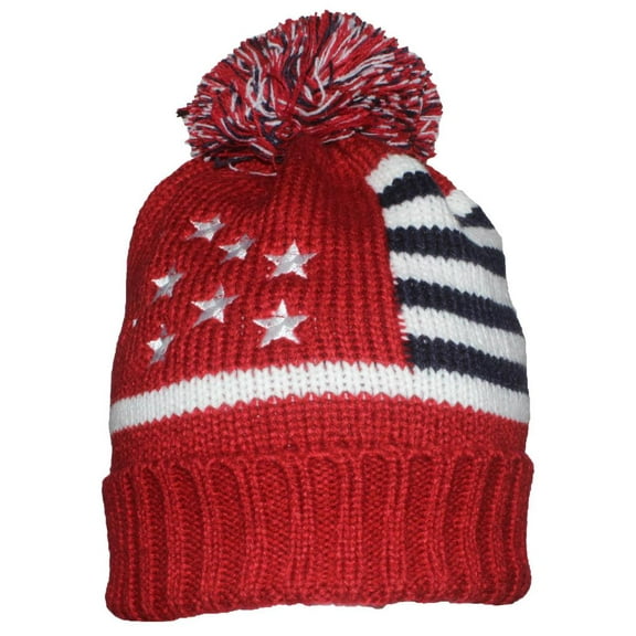 Best Winter Hats Adult American/Americana Flag Cuffed Knit Beanie W/Pom Pom (One Size) - Red/White