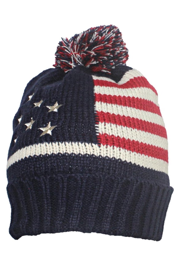Adult Americana Flag Cuffed Knit Beanie W/Pom & Faux Fur Lining - Navy/Beige