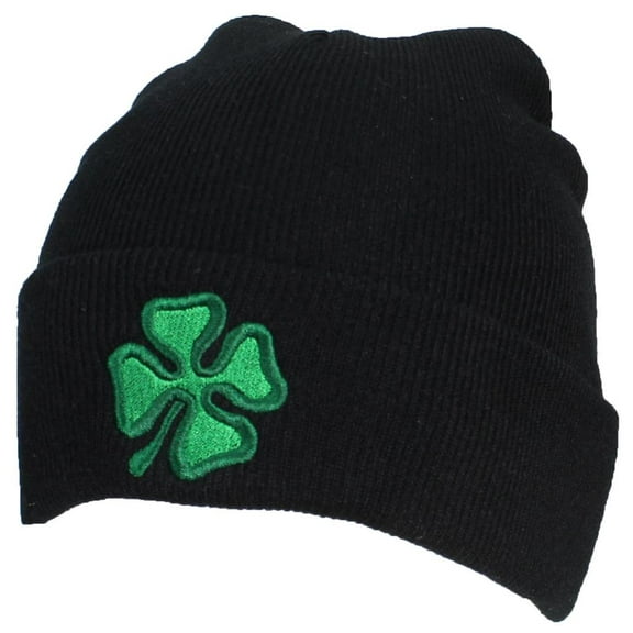 Best Winter Hats Adult Embroidered Green Shamrock/4 Leaf Clover Beanie - Black