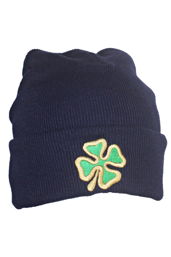 Adult Embroidered Shamrock 4 Leaf Clover Beanie - Navy/Gold