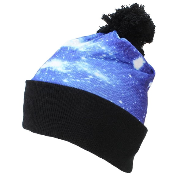 Best Winter Hats Adult Sublimation Print Cuffed W/Pom Pom - Black W/Galaxy