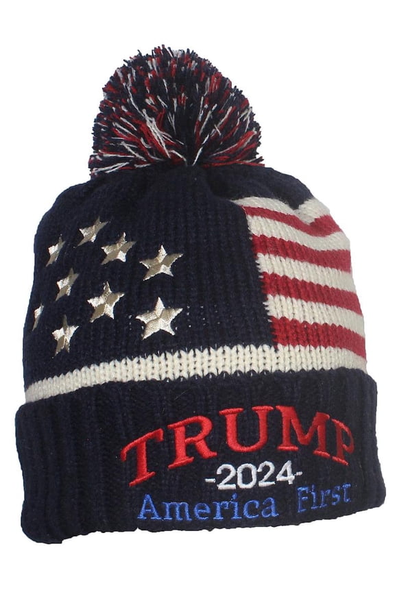 Adult US Flag Embroidered Trump Campaign Slogan Beanie - Navy/Beige 2024 AF Curved