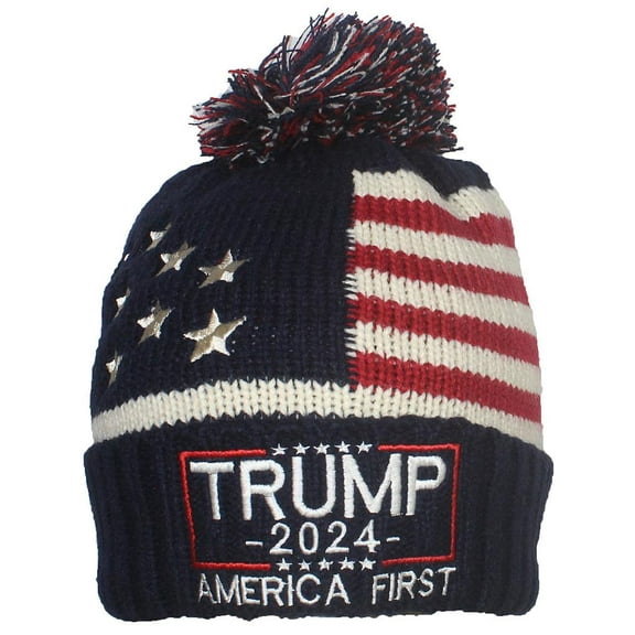 Best Winter Hats Adult US Flag Embroidered Trump Campaign Slogan Beanie - Navy/Beige 2024 AF Square