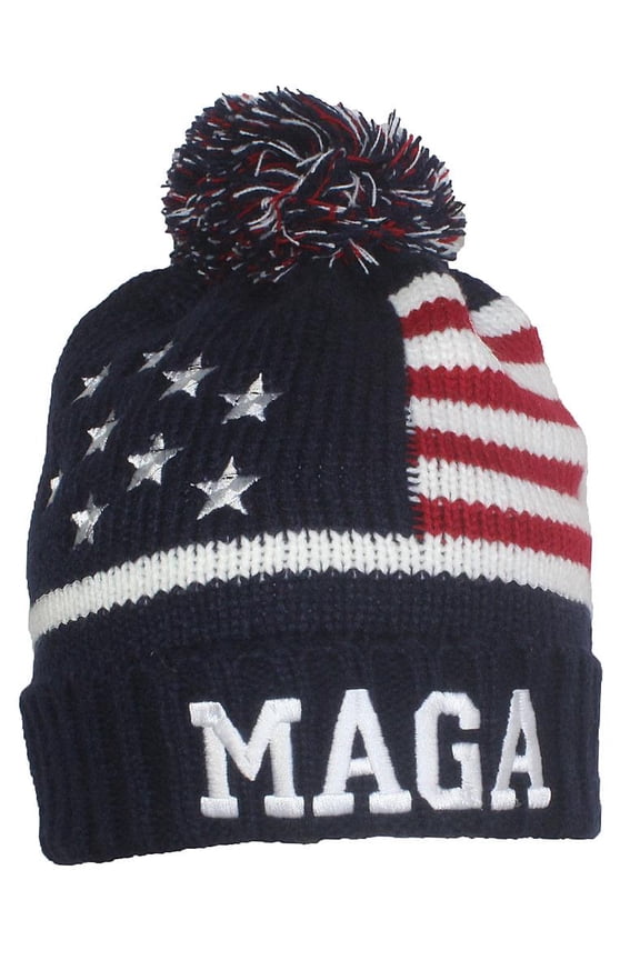 Adult US Flag Trump Embroidered MAGA Beanie Cap - Navy/White
