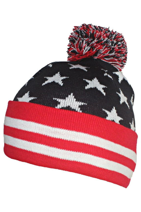 American Flag Cuffed Stretchy Tight Knit Beanie Cap W/Pom Pom