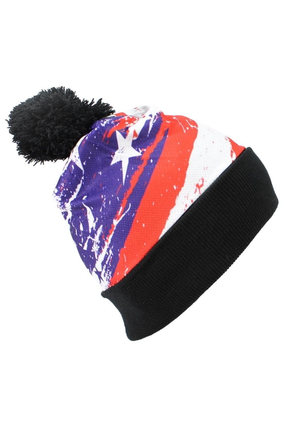 American Flag Sublimation Print Cuffed W/Pom Pom - Short