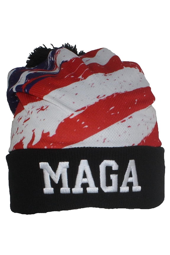 American Flag W/Embroidered MAGA Cuffed W/Pom Pom - Long/Slouchy