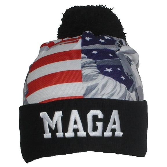 Best Winter Hats American Flag W/Embroidered MAGA Cuffed W/Pom Pom - Statue Of Liberty