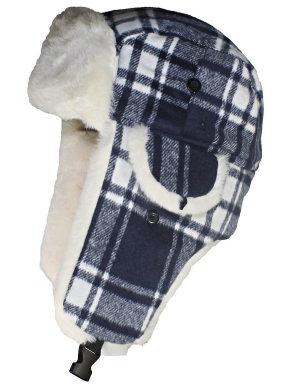 Big Kids Quality Madras Plaid Russian/Trapper Hat W/Faux Fur - Navy
