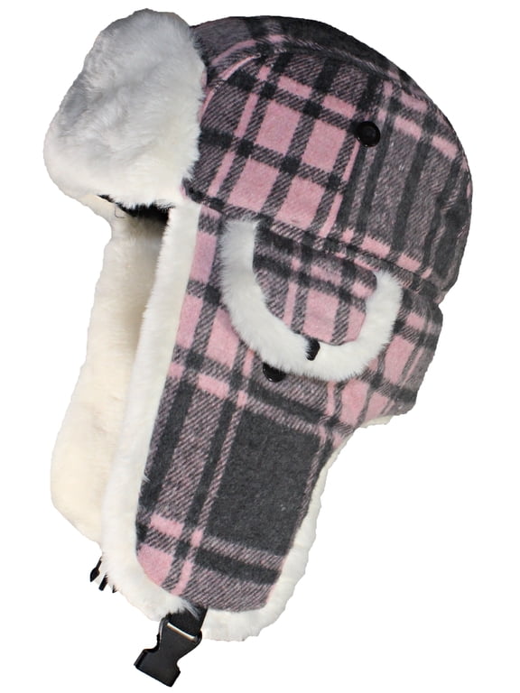 Big Kids Quality Madras Plaid Russian/Trapper Hat W/Faux Fur (One Size) - Pink