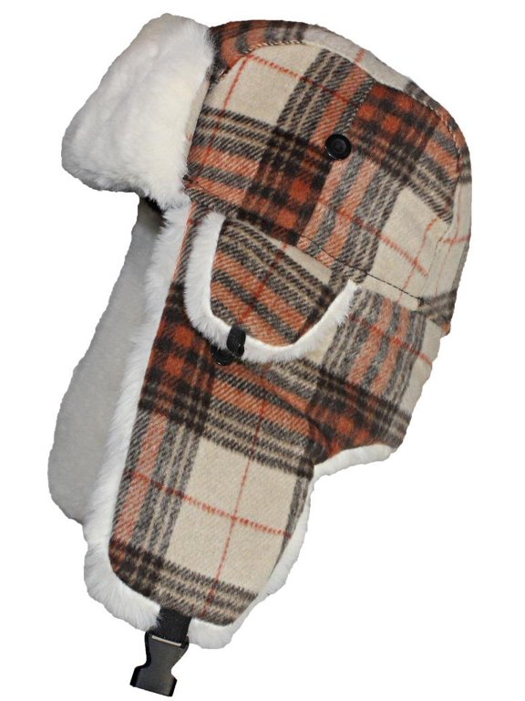 Big Kids Quality Tartan Plaid Russian/Trapper Hat W/Faux Fur (One Size) - Orange/Tan/Cream