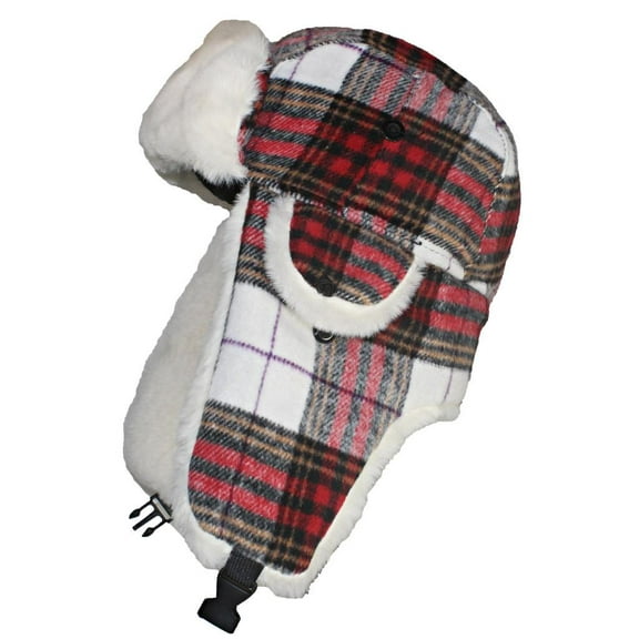 Best Winter Hats Big Kids Quality Tartan Plaid Russian/Trapper Hat W/Faux Fur (One Size) - Red/White/Black