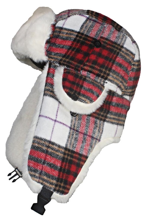 Big Kids Quality Tartan Plaid Russian/Trapper Hat W/Faux Fur (One Size) - Red/White/Black