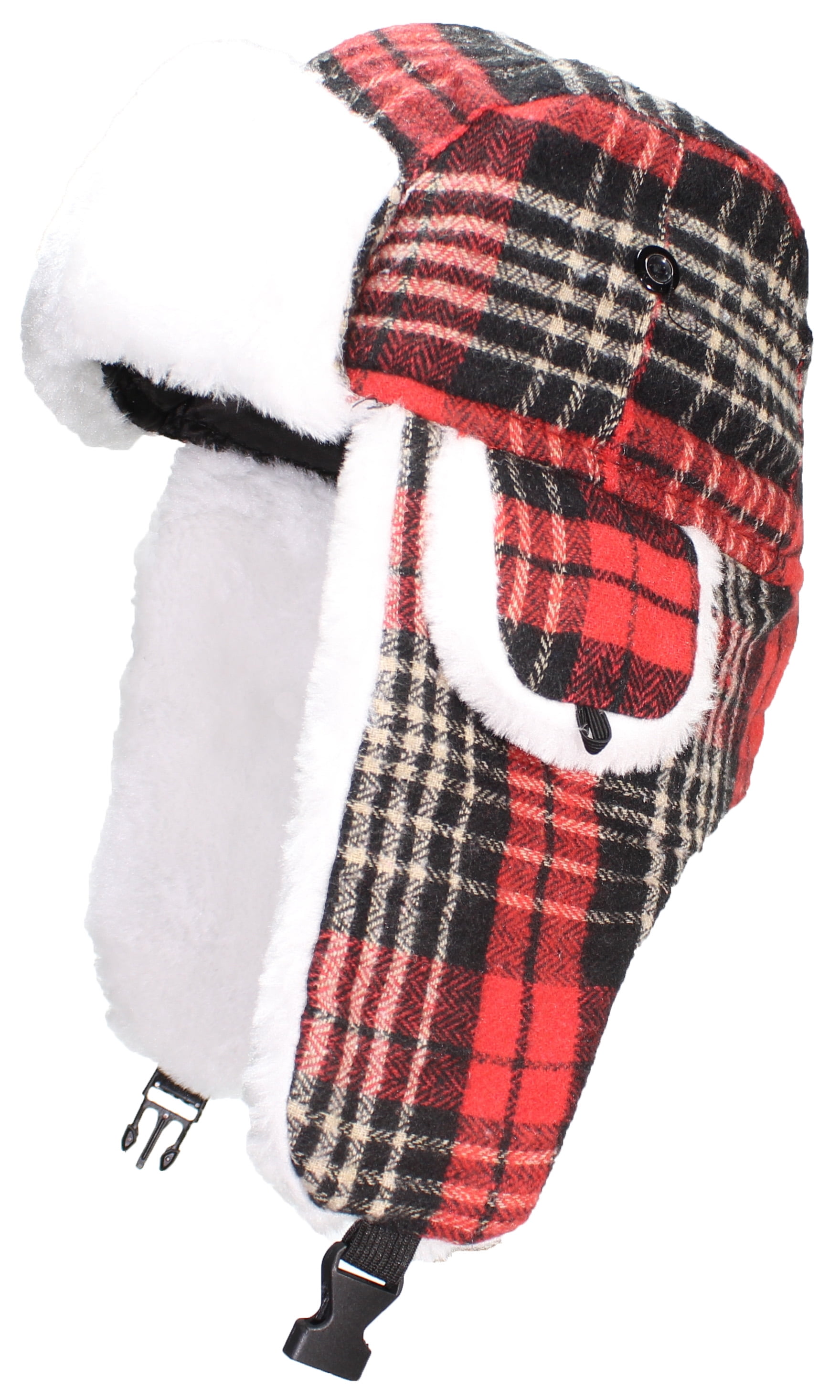 Womens Red Buffalo Check Rabbit Fur Trapper Hat