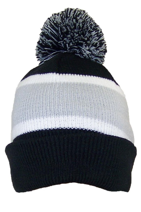 Quality Cuffed Hat with Large Pom Pom (One Size)(Fits Large Heads) - Black/Gray