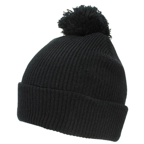 Best Winter Hats Quality Rib Knit Solid Color Cuffed Hat W/Pom Pom - Black