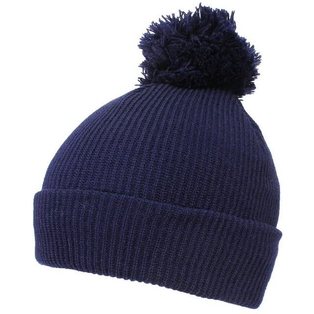 Best Winter Hats Quality Rib Knit Solid Color Cuffed Hat W/Pom Pom - Navy