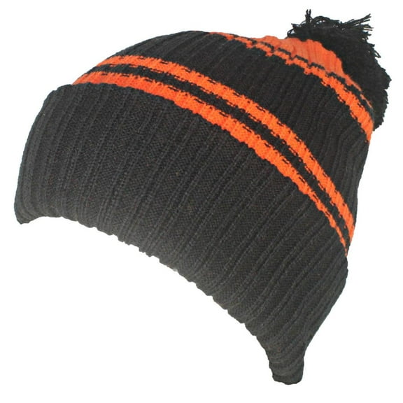 Best Winter Hats Quality Striped Beanie With Solid Cuff & Matching Pom - Black/Orange