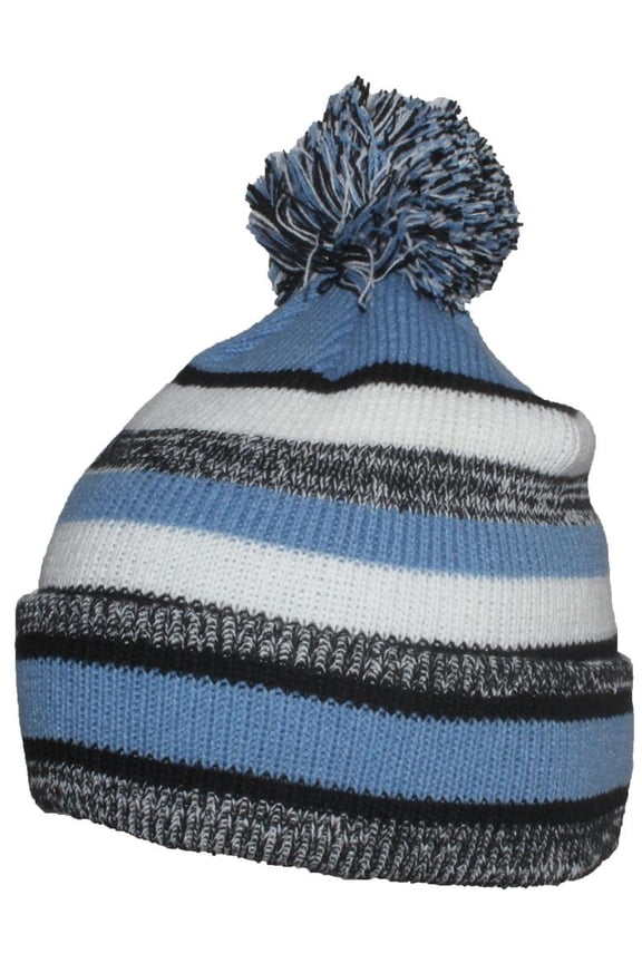 Quality Striped Variegated Cuffed Beanie W/Large Pom (L/XL) - Black/Light Blue