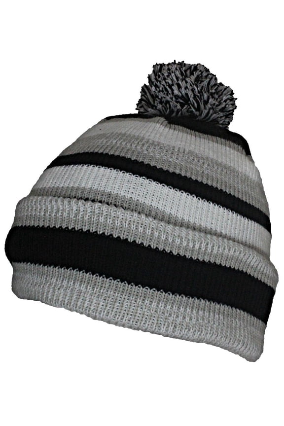 Quality Striped Variegated Cuffed Beanie W/Large Pom (L/XL) - Light Gray/Black