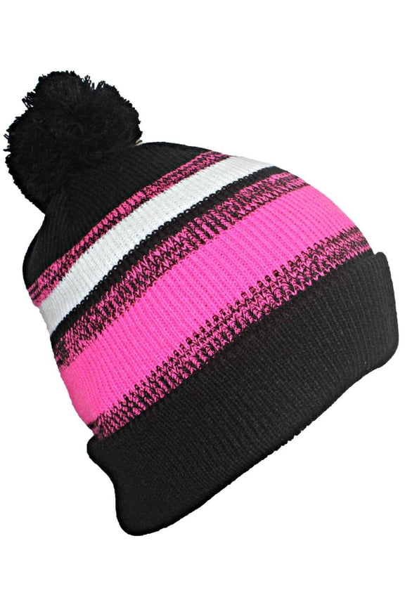 Quality Variegated Stripe Solid Cuff Beanie W/Large Pom - Black/Hot Pink
