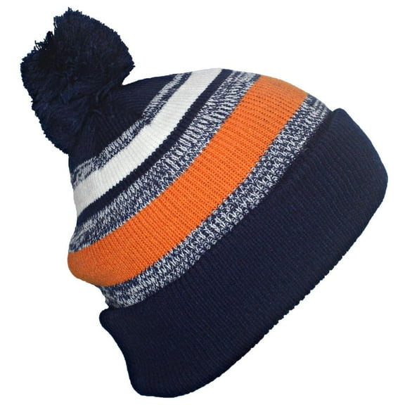 Best Winter Hats Quality Variegated Stripe Solid Cuff Beanie W/Large Pom - Navy/Orange